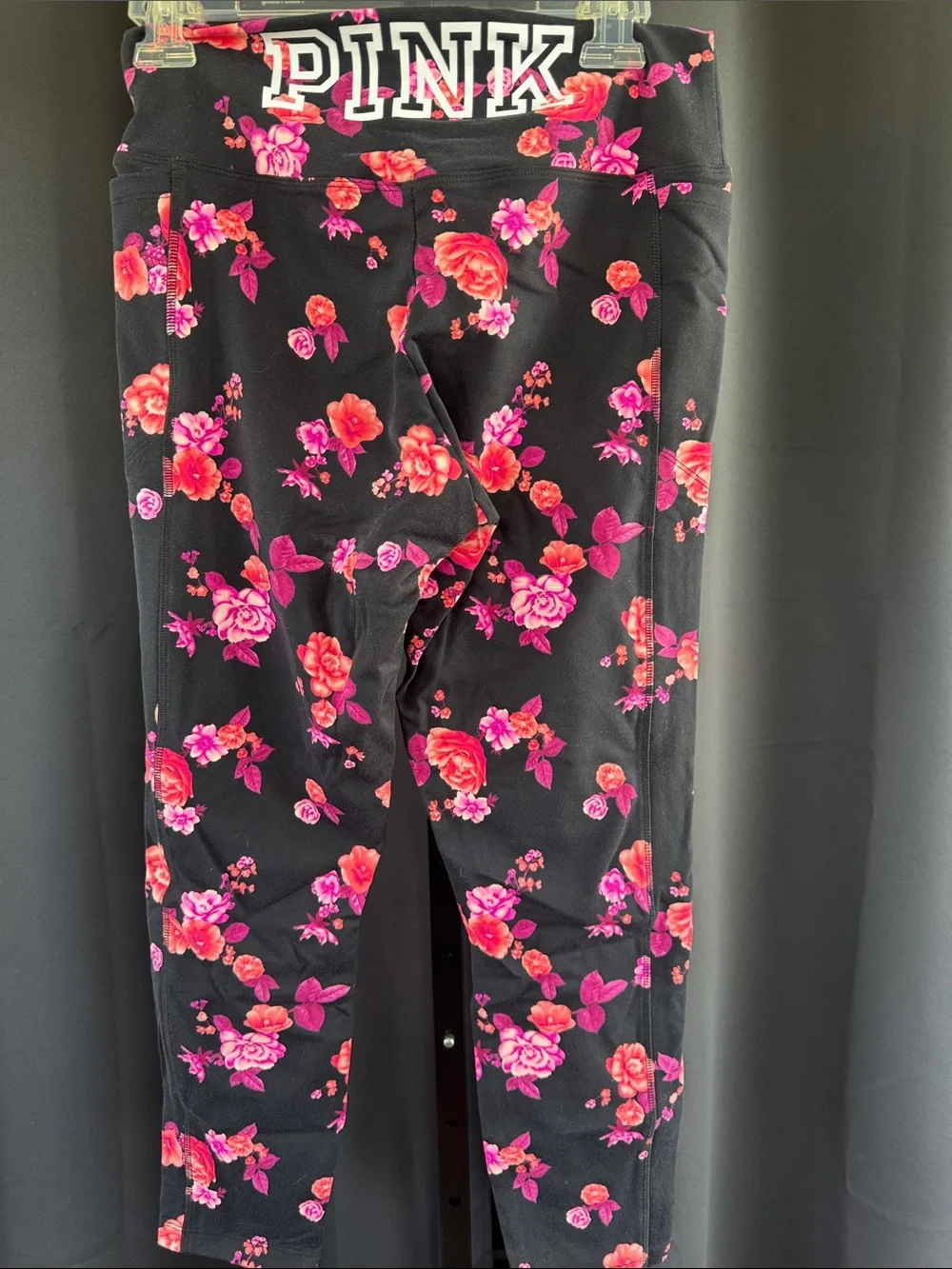 PINK Victoria's Secret Girls' Black Leggings with Pink & Red Floral Print - Picture 2 of 3
